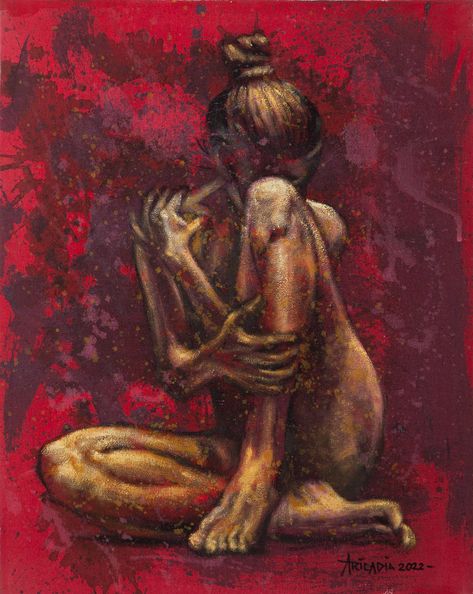 Arms wrapped around herself in a protective gesture, a naked woman sits alone. Aricadia in Bali paints this moving original portrait in oils and acrylics on canvas. Paintings About Body Image, Body Dysformia Aesthetic, Acryl Painting Naked Woman, Naked Body Oil Paint, Sexism Painting, Soul Leaving Body Art, Angry Painting, Female Rage Art, Body Acrylic Painting