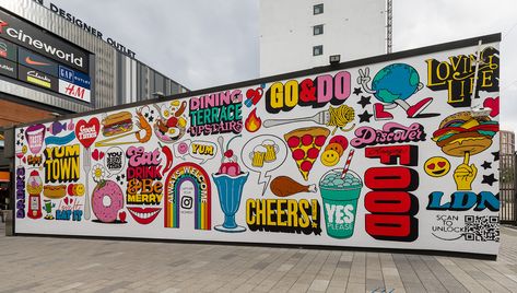 WEMBLEY MURAL - Toby Triumph Typography And Illustration, Abc Wall Art, Exterior Murals, Graphic Wall Art, Designer Outlet, Country Store, London Design, Mural Art, Creative Agency