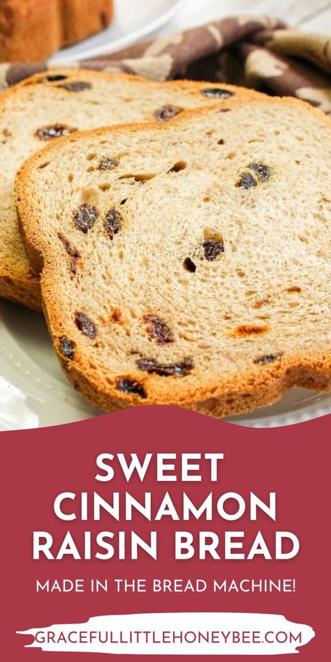 Try this deliciously Sweet Cinnamon Raisin Bread. This bread is a light, fluffy yeast bread using sugar, cinnamon, and raisins for a sweet homemade loaf. This sweet bread comes together quickly with the use of a bread machine. This dessert bread is perfect as a breakfast option or as a snack. Cinnamon Rasin Bread, Bread Machine Cinnamon Raisin Bread, Cinnamon Bread Machine, Recipe For Bread Machine, Cinnamon Raisin Bread Recipe, Cinnamon Sugar Bread, Bread Machine Recipes Sweet, Recipe For Bread, Easy Bread Machine Recipes