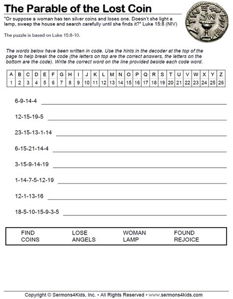 Parable of the Lost Coin - Decoder Puzzle Parable Of The Lost Coin Activities, Lost Coin Parable Activities, The Lost Coin Craft Sunday School, Parable Of The Lost Coin, Connection Activities, Adventure Island, Parables Of Jesus, Sabbath School, Childrens Sermons