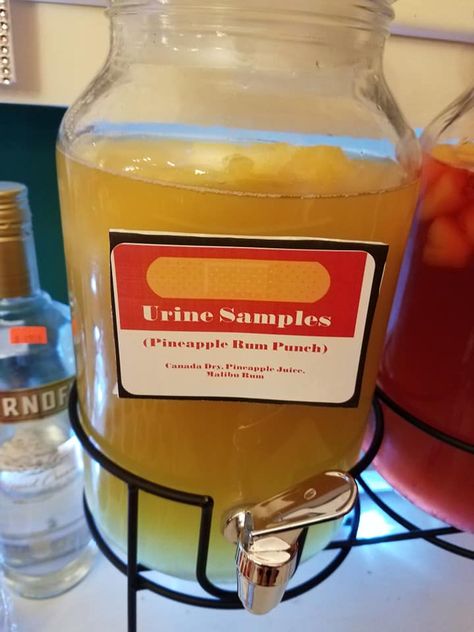 "Urine Samples"- Pineapple Rum Punch. NP Graduation Party Nursing Graduation Party Drinks, Np Graduation Party Ideas, Nursing Themed Drinks, Nurse Drink Ideas, Medical Themed Drinks, Pharmacy Themed Cocktail, Nurse Themed Drinks, Nursing School Graduation Party Food, Vet Med Themed Drinks