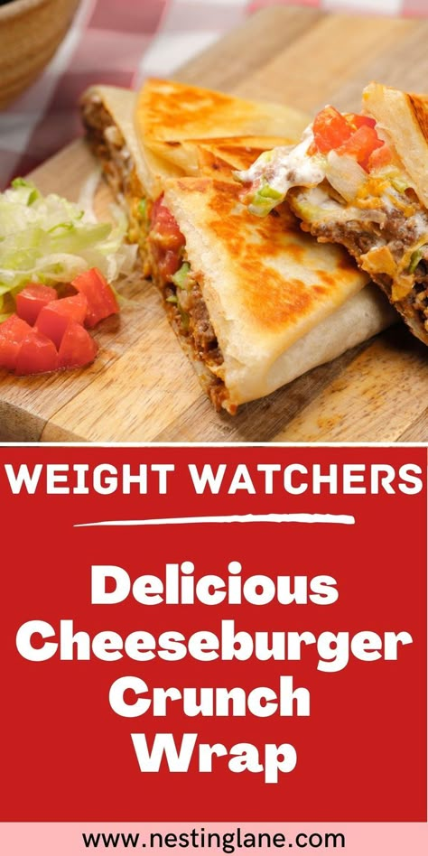 Satisfy your cravings with this delicious Weight Watchers Cheeseburger Crunch Wrap recipe! Made with wholesome ingredients, this wrap packs a delicious punch while still being diet-friendly. The crispy toasted tortilla, juicy beef, melted cheese, and fresh veggies make for a winning combination. Perfect for a quick lunch or dinner, this recipe is sure to become a family favorite. Get the full recipe now and enjoy a guilt-free cheeseburger experience! MyWW Points: 2 Green Plan, 2 WW Smart ... Cheeseburger Crunch Wrap, Crunch Wrap Recipe, Toasted Tortilla, Weight Watchers Food Points, Weight Watchers Meals Dinner, Weight Watchers Lunches, Weight Watchers Meal Plans, Crunch Wrap, Weight Watchers Recipes Desserts