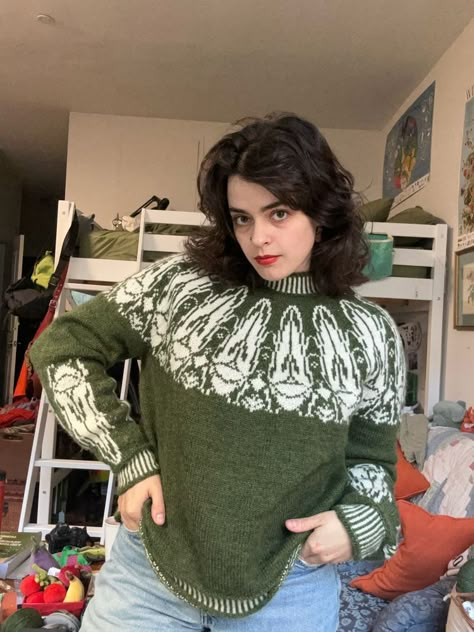 Meredith Willmott: "Designed and knit this leafhopper sweater :)" — Bluesky Bird Sweater Knitting Pattern, Moth Knitting Pattern, Weird Knitting Patterns, Bug Knitting Pattern, Summer Knit Projects, Knit Colorwork Sweater, Knit Sweater Ideas, Weird Knitting, Vintage Knitting Patterns Free