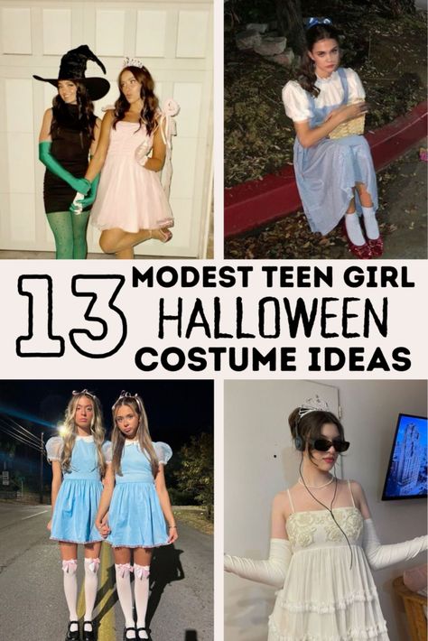 13 Modest Halloween Costumes For Teen Girls - Lauren Erro Preteen Girls Halloween Costumes, Modest Halloween Costume Ideas, Easy Modest Halloween Costumes, Halloween Costume For Teenage Girl, Modest Costume Ideas, Cute Modest Halloween Costumes, Costume Ideas Modest, Cute Teen Halloween Costumes Ideas, Teen Girl Costume Ideas