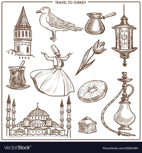 Drawing Istanbul, Turkish Drawing, Drawing Turkey, Turkish Symbols, Turkey Drawing, Travel Symbols, Turkey Tourism, Learn To Sketch, Turkish Flag