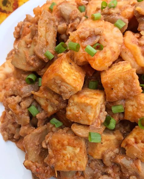 Tofu with Shrimp, Ground Pork and Mushrooms Recipe Shrimp And Tofu Recipes, Pork Tofu Recipe, Eggplant Tofu Recipe, Ground Pork Recipe, Shrimp Tofu, Recipe Tofu, Pork And Shrimp, Recipe Shrimp, Ground Pork Recipes