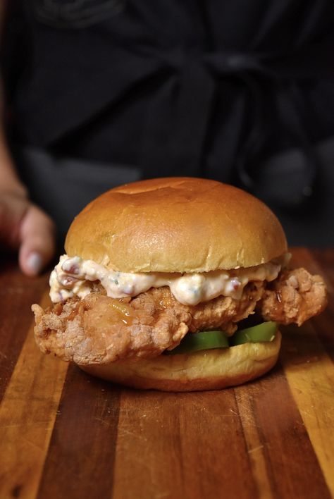 Copycat Chick-fil-a Pimento Cheese Chicken Sandwich - Sauced Up! Foods Chick Fil A Pimento Cheese Sandwich, Chick Fil A Pimento Cheese, Pimento Chicken Sandwich, Pimento Cheese Chicken Sandwich, Chick Fil A Sandwich Recipe, Chicken Tender Sauce, Pimento Cheese Chicken, Cheese Chicken Sandwich, Chicken Sandwich Sauce