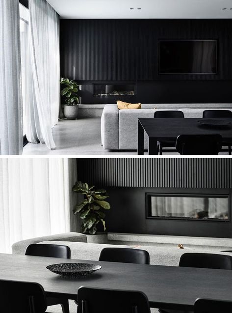 Black Design Interior, Greyscale Interior Design, Gray And Black Interior Design, Black Kitchen And Living Room, Black And Grey Interior Design, Interior Material Palette, Black Interior Living Room, Grey Home Interiors, Grey And Black Interior