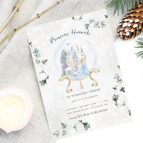 Elegant Fairy Tale Winter Princess Birthday Invitation #zazzle #weddinginvitations #birthdayinvitations #babyshowerinvitations #zazzleinvitations #monogram #businesscards #graduation #homedecor Winter Ambiance, Fairy Birthday Themes, Winter Birthday Invitations, Winter Snow Globe, Blue Castle, Elegant Birthday Invitations, Princess Illustration, Princess Birthday Invitations, Cascading Flowers