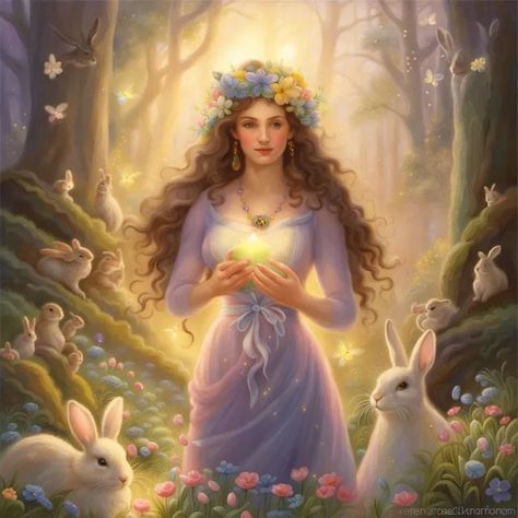 Ostara Painting, Eostre Goddess, Magia Das Ervas, Celtic Goddess, White Rabbits, Spirit Guide, Spring Equinox, Fantasy Pictures, Witchy Things