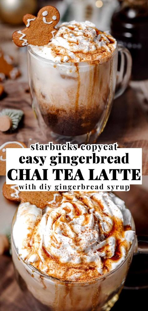 This Starbucks copycat Gingerbread Oatmilk Chai Tea Latte combines nostalgic gingerbread flavors like warm, spicy ginger and cinnamon with creamy oat milk. Topped with a dollop of whipped cream, it’s the perfect cozy beverage for the holiday season and Christmas. If you love holiday coffee drinks, you'll love this recipe. Non Coffee Fall Drinks, Hot Starbucks Drinks Recipes, Fall Warm Drinks, Cozy Drink Recipes, Fall Recipes Drinks, Fall Tea Drinks, Cozy Fall Drinks Nonalcoholic, Vegan Fall Drinks, Warm Coffee Recipes