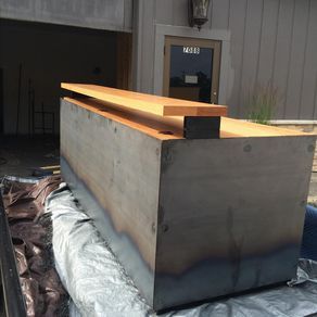 Rustic Industrial Reception Desk by Mark Waldrup Industrial Reception Desk, Industrial Reception, Hostess Stand, Custom Reception Desk, Desk Industrial, Cash Wrap, Retail Counter, Rustic Cafe, Rustic Photography