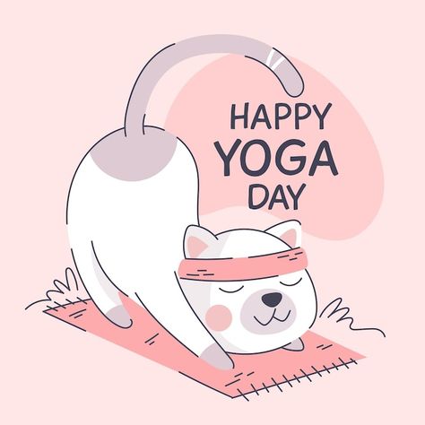 Cute Yoga Illustration, Yoga International Day, Kitty Doodles, Yoga Animals, Happy Yoga Day, International Day Of Yoga, Yoga Cartoon, Yoga Drawing, Yoga Cat