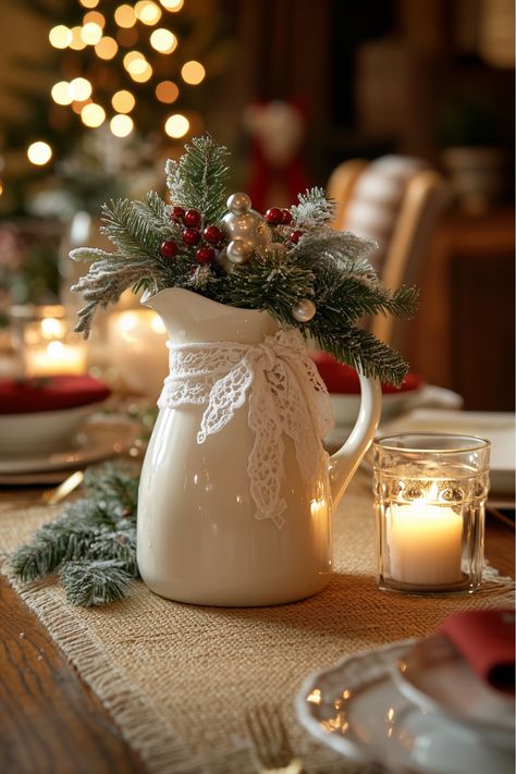 Want to add an authentic French touch to your Christmas table? An antique milk jug filled with winter berries and pine sprigs is my go-to for a rustic yet charming French country Christmas vibe. Tie a lace bow around the neck for a softer look. I think it’s perfect for both intimate gatherings and bigger tables. Wouldn’t this make a beautiful holiday centerpiece? Milk Jug Centerpiece, Antique Milk Jug, French Country Rustic, French Country Christmas, Winter Berries, French Christmas, Christmas Vibe, Big Table, Cottage Christmas