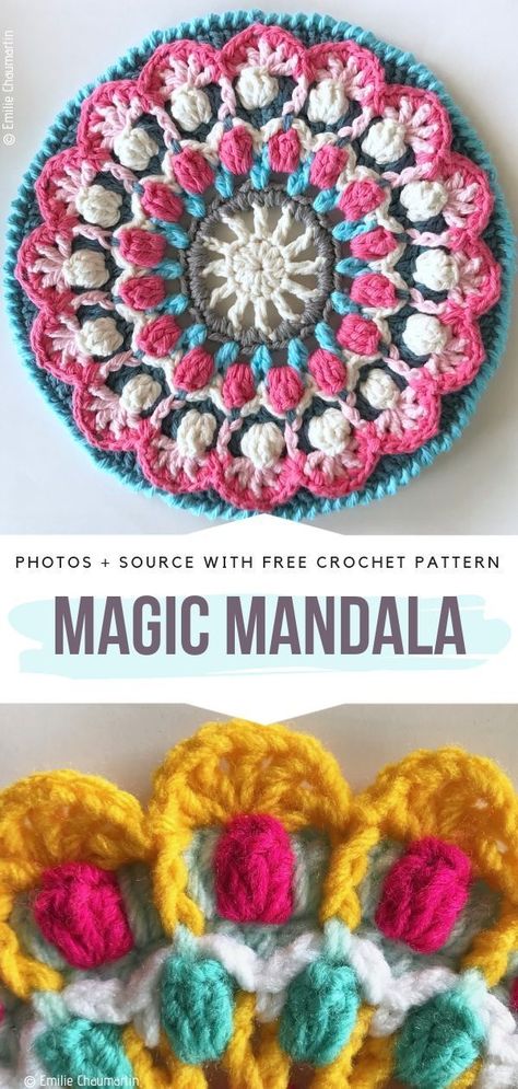 Magic Mandala Free Crochet Pattern #crochetmandala Crochet Potholders Free Patterns, Free Mandala Crochet Patterns, School Crochet, Crochet Flower Coaster, Mandala Haken, Circular Crochet, Yarn Crafts Crochet, Crochet Pot Holders Free Pattern, Crochet Potholder Patterns