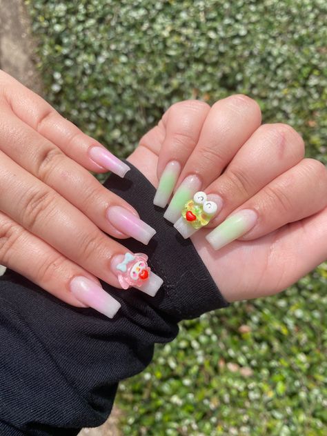 Sanrio Nail Charms, Sanrio Charm Nails, Green Hello Kitty Nails, Hello Kitty Charm Nails, Keroppi Nails, Keroppi Stuff, My Melody Nails, Slay Nails, Nails Airbrush