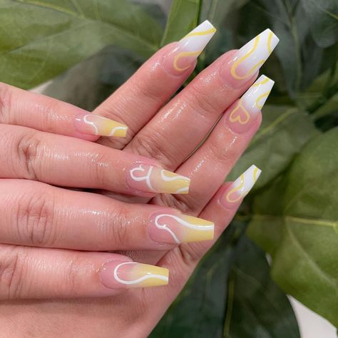 ♡ 𝐍𝐚𝐢𝐥𝐬 𝐁𝐲 𝐉𝐞𝐧𝐧𝐲 ♡ on Instagram: “✨love fills my heart 💛 •• 🤍medium long gel x coffin shaped set with yellow hand drawn hearts and swirls • ☁️𝚗𝚊𝚒𝚕𝚜 𝚋𝚢 @nailsbysnappy ••…” Gel X Coffin, Swirls Nails, Heart Hands Drawing, Yellow Nails, Best Acrylic Nails, Medium Long, Nail Inspo, My Heart, Acrylic Nails