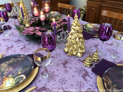 Purple And Gold Christmas Decorations, Globe Candle Holder, Purple Table, Royal Party, Table For Two, Host Dinner Party, Gold Christmas Decorations, Beautiful Table Settings, Purple Christmas