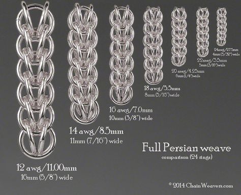 Full Persian 6 in 1 weave. Size chart comparison based on 24 rings in different sizes. Full Persian Chainmaille Tutorial, Chainmail Dragon, Weaved Jewelry, Chainmaille Jewelry Patterns, Chain Maille Patterns, Chainmail Patterns, Chainmaille Tutorial, Ceramic Jewelry Box, Jump Ring Jewelry