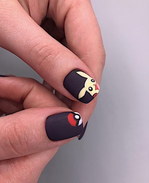 Pokemon Nail Art Easy, Pikachu Nails Pokemon, Nail Designs Pokemon, Easy Character Nails, Pokemon Inspired Nails, Pokemon Nails Acrylic, Nails For 7th Grade Short, Snorlax Nails, Eevee Nails