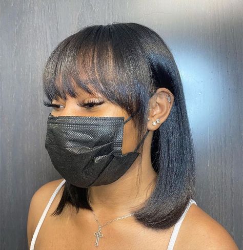 ARS Directory on Instagram: “Bangs x SilkPress🔥 follow @ars.directory for more beauty inspo and beautician options hair by @brendageehair 🤩 . . . . . . . . . . . . .…” Relaxed Hair With Bangs, Silk Press Bob, Natural Hair Bangs, Silk Press Hair, Pressed Natural Hair, Silk Press Natural Hair, Natural Straight Hair, Twisted Hair, Short Hair Black