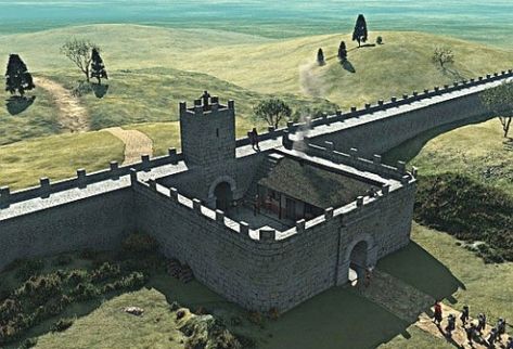 Milecastle reconstruction shows the double gateway construction to hinder attacks from the north (far side) Imperiul Roman, Hadrian’s Wall, Hadrian's Wall, Roman Army, Roman Britain, Hadrians Wall, Empire Romain, Roman Architecture, Ancient Buildings