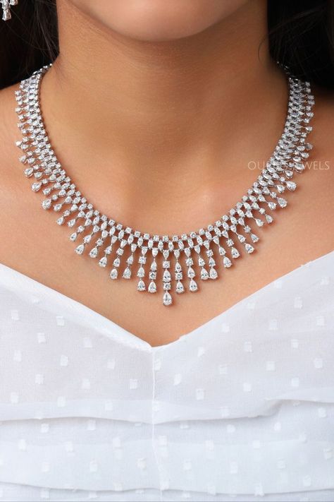 Pear Marquise Cut Lab Grown Diamond Bridal Necklace | Created Diamond Elegant Choker Necklace | 40.00 TCW Cluster Set Lab Diamond Necklace | Conflict Free Lab Diamond Statement Necklace | Lab Diamond Wedding Necklace | Prom Party Wear Diamond Set In 18K White Gold | Fancy Cut Luxury Lab Diamond Necklace By Ouros Jewels | Man Made Diamond Women's Gorgeous Necklace | HPHT Lab Diamond Necklace For Wedding Gift Diamond Statement Necklace, Diamond Necklace Wedding, Indian Diamond Jewellery, Elegant Choker, Real Diamond Necklace, Neck Pieces Jewelry, Bridal Choker, Jewelry Set Design, Diamond Necklace Set