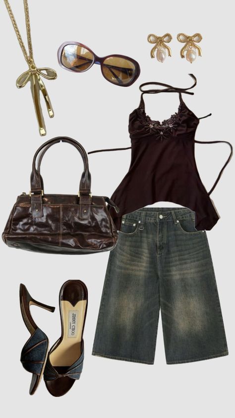 quick fit for the summer. jorts, y2k, gold, kitten heels, gold jewelry, ribbon jewelry, brown and gold Outfits Jorts, Kitten Heels Outfit, Summer Jorts, Warm Winter Fashion, Gold Kitten Heels, Brown Kitten, Jorts Y2k, Heels Gold, Ribbon Jewelry