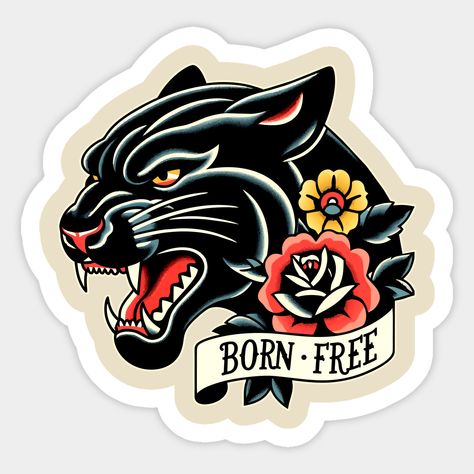 Black Panther Born Free Traditional Old School Tattoo Style -- Choose from our vast selection of stickers to match with your favorite design to make the perfect customized sticker/decal. Perfect to put on water bottles, laptops, hard hats, and car windows. Everything from favorite TV show stickers to funny stickers. For men, women, boys, and girls. Funny New School Tattoo, American Traditional Tattoos Panther, Trad Panther Tattoo, Old School Panther Tattoo, Flash Tattoo Traditional, Panther Tattoo Traditional, Old School Flash Tattoo, Panther Head Tattoo, Traditional Tattoo Painting