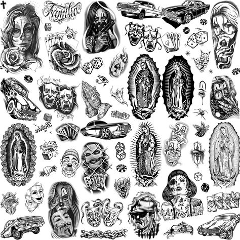 6 Sheets Chicano Temporary Tattoos For Men Women Adult, Chicana Guadalupe Gangster Fake Tattoos Mexico Small Tattoo, Chicano Art Tattoos Gangsters, Mens Flash Tattoo, Chicano Tattoo Flash, Chicano Tattoos Men, Chicana Tattoo Design, Low Rider Tattoo, Tattoo Chicano Style, Mexican Tattoo Ideas For Men