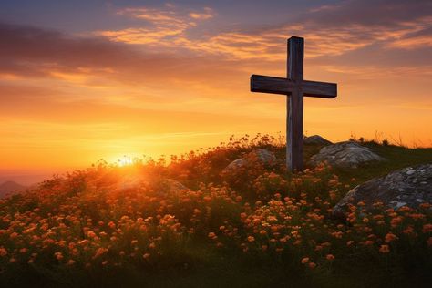 Christian cross landscape outdoors sunrise.  | premium image by rawpixel.com Cross On A Hill Aesthetic, 3 Crosses On A Hill, Cross On A Hill, Sunset With Cross Painting, Cross Landscape Background, Christian Background Images, Cross Background, Sunrise Wallpaper, Sunrise Landscape