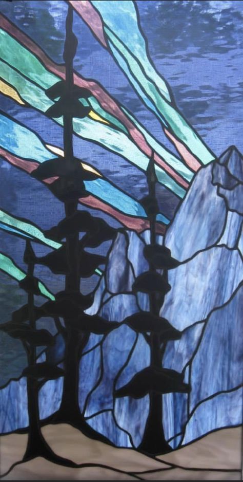 Northern Lights Stained Glass, Night Scenes, Mountain Silhouette, Glass Pattern, Faux Stained Glass, Side Lights, Night Scene, Glass Ideas, Stained Glass Mosaic