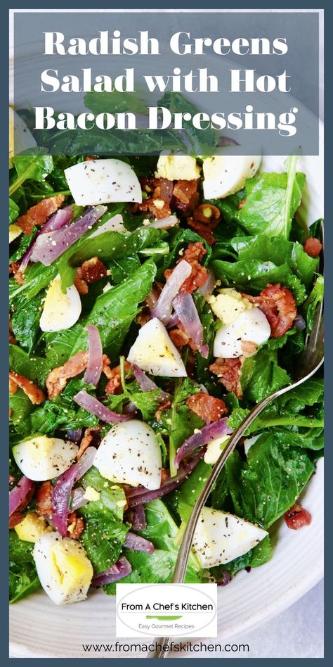 Radish Greens Salad with Hot Bacon Dressing in white bowl with serving fork. Hot Bacon Dressing Recipe, Bacon Dressing Recipe, Salad With Hot Bacon Dressing, Hot Bacon Dressing, Radish Greens, Bacon Dressing, Greens Salad, Side Salad Recipes, Radish Recipes