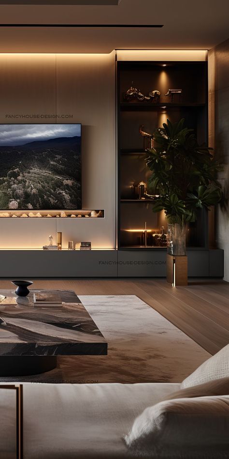 The living room features a high-definition TV mounted on a textured marble wall, creating a TV-centric design. Cozy House Bedroom, Rug Tattoo, Luxury Tv Wall, Cozy Fall Home, Tv Feature Wall, Brick Living Room, Modern Living Room Design Ideas, Modern Tv Room, House Bedroom Ideas