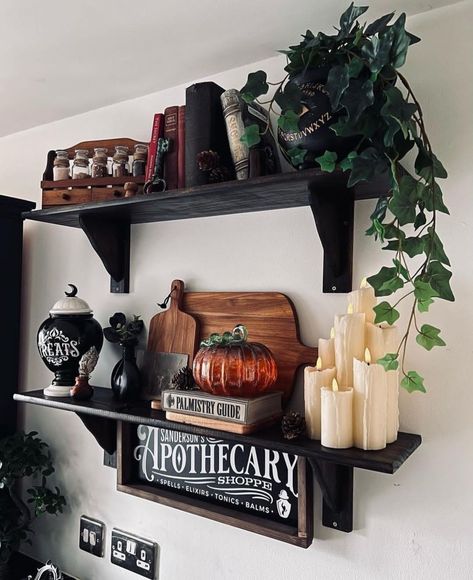 Halloween Shelves Decor, Halloween Shelf Decor Ideas, Spooky Shelves, Spooky Basket Ideas, Witchy Apartment, Outdoor Decorations Halloween, Horror Core, Wall Design Home, Halloween Doors