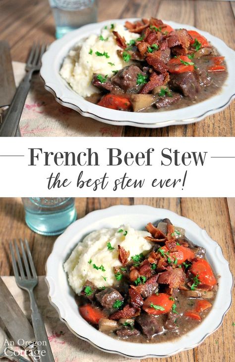 This French beef stew recipe really is the best stew ever! Served with garlic mashed potatoes is comfort food at it\'s best. #beef #stew #stewrecipe Martha Stewart Beef Stew, French Beef Stew Recipe, Soup Beef Broth, Best Stew, Best Beef Stew, Beef Stew Healthy, Healthy Low Calorie Dinner, French Beef Stew, Soup Beef