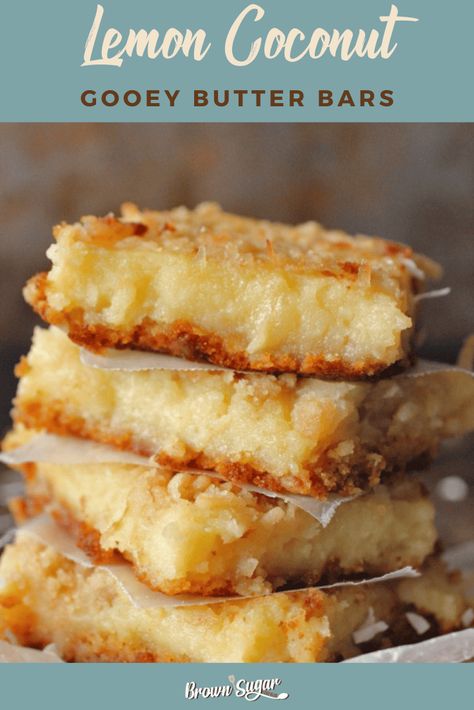 Lemon Coconut Gooey Butter Bars are filled with butter, lemon, and a touch of coconut. You won't forget these delicious dessert bars! #lemon #coconut #dessert #desserts #recipes #dessertrecipes Gooey Butter Bars, Butter Bars Recipe, Gooey Bars, Lemon Dessert Recipes, Butter Bars, Dessert Bar Recipe, Lemon Coconut, Easy Baking Recipes Desserts, Cookie Bar Recipes