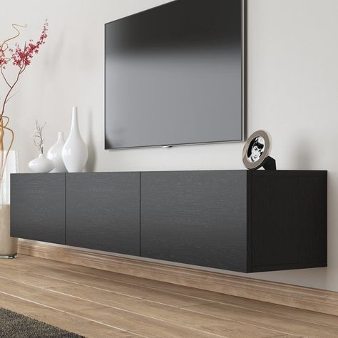 Latitude Run® Colima Floating TV Stand Up to 80" TVs Wall Mounted Minimalist Console & Reviews | Wayfair Tv Console Floating Shelves, Modern Floating Cabinet, Tv Floating Stand, Black Floating Entertainment Center, Matte Black Floating Tv Stand, Long Floating Tv Stand, Black Floating Tv Unit, Black Floating Tv Stand, Floating Tv Stands Ideas For Living Room