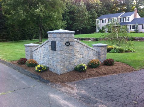 Stone mailbox Brick Mailbox Designs, Driveway Entry Landscaping, Landscaping Entrance, Mailbox Designs, Stone Mailbox, Entry Landscaping, Brick Mailbox, Driveway Entrance Landscaping, Mailbox Landscaping