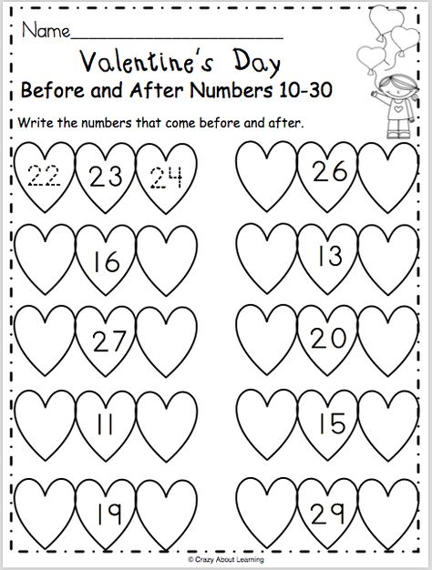 Free Valentine’s Day math worksheet for preschool and kindergarten.  Students write the numbers that come before and after on the hearts.  This is a fun February activity for learning and reviewing numbers.  This worksheet provides practice with numbers between 10 to 30. Valentine Math Worksheet, Valentine Worksheets, Kindergarten February, Kindergarten Valentines, Math Valentines, February Activity, Numbers Kindergarten, Education Positive, Valentine Activities