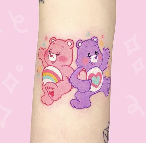 Pastel Tattoo, Care Bear Tattoos, Tattoo Machine Tattoo, Needle Tattoo, Bright Tattoos, Cartoon Tattoo, Rainbow Tattoos, Bear Tattoos, Cartoon Character Tattoos