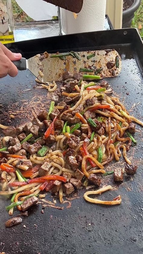 Recipe for Mongolian beef noodles cooked on the Blackstone griddle. #blackstonegriddle #mongolianbeef #noodles #recipes | James Strange | James Strange · Original audio Blake Stone Recipes, Habatchi Noodle Recipe, Mongolian Beef Noodles, Mongolian Noodles, Roman Noodles, Mongolian Recipes, Shanghai Noodles, Blackstone Cooking, Hibachi Recipes