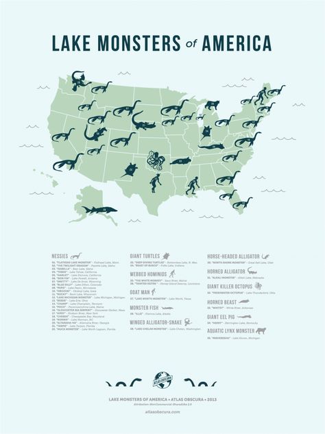 33 maps that will show you the world in new ways The Jersey Devil, Lake Monsters, Myths & Monsters, Different Animals, Monster Fishing, Legends And Myths, America Map, Loch Ness Monster, United States Map