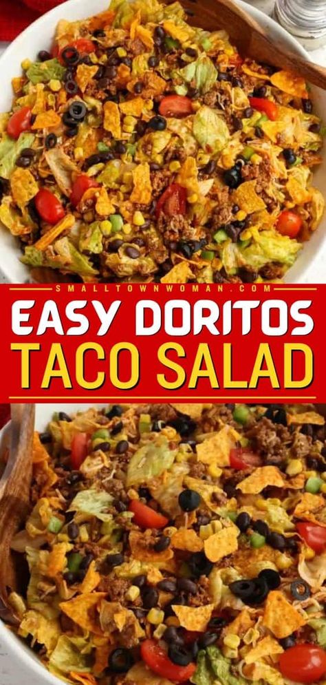 Always a favorite side dish for BBQs! It's an easy summer salad. Tossed in a homemade Catalina dressing with ground beef, black beans, and more, this Doritos taco salad recipe is fun and delicious! Save this 4th of July BBQ party idea! Doritos Taco Salad, Dorito Taco Salad, Dorito Taco Salad Recipe, Dorito Taco, Spicy Ranch Dressing, Taco Salad Doritos, Catalina Dressing, Doritos Taco, Taco Salad Recipes