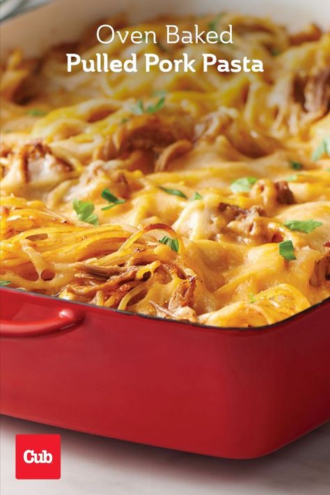 Pulled Pork Pasta Bake in a red casserole dish. Pulled Pork Pasta Recipes, Pork With Pasta, Oven Baked Pulled Pork, Pulled Pork Pasta, Baked Pulled Pork, Saucy Pasta, Pork Pasta, Homemade Barbecue, Pulled Pork Leftovers