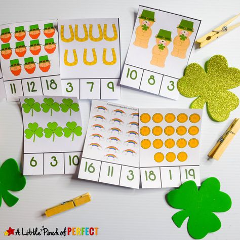 Free Printable St. Patrick's Day Clip Cards: Counting 1-20 - St Patrick's Day Preschool, Flower Math, Clover Craft, Monkey Room, Green Activities, Spring Toddler Crafts, Symmetry Activities, Counting Clip Cards, St Patricks Day Crafts For Kids