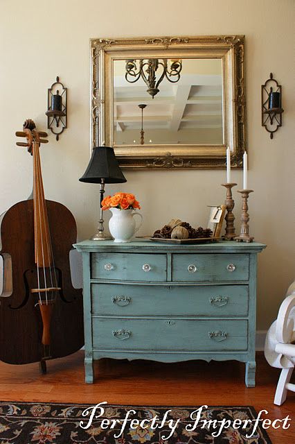 Mirror In Entryway, Entryway Dresser, Turquoise Dresser, Living Room Pieces, Dresser And Mirror, Vintage Coastal, Living Room Style, A Living Room, Eclectic Home