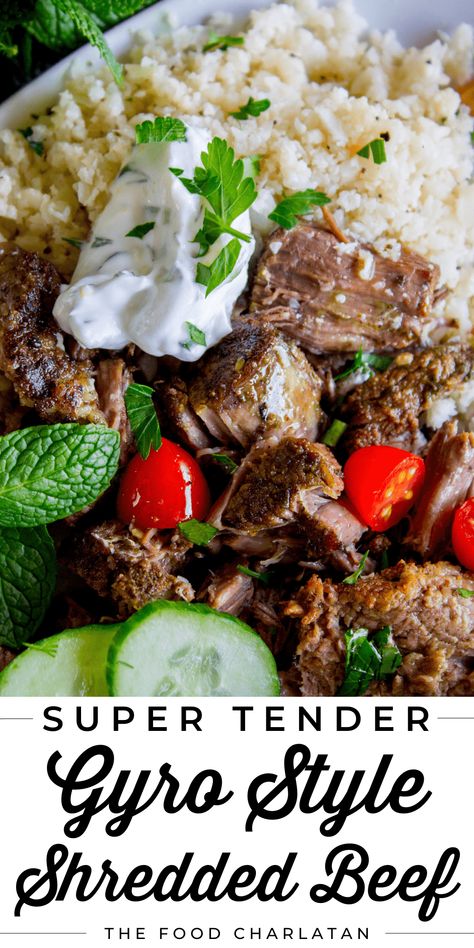 Instant Pot or Crock Pot Gyro from The Food Charlatan. All the gyro flavors you love, shredded beef style! This is a super delicious and HEALTHY option for dinner. Make it in the Instant Pot or the Crock Pot! Don't forget to pair it with Tzatziki Sauce (it's so creamy) and Cauliflower Rice (or regular rice). This is so easy for a busy weeknight meal, but delicious enough to serve for Sunday dinner. Just add a Greek salad and you have a complete meal. You'll never look at a roast the same way! Beef Gyro, The Food Charlatan, Food Charlatan, Tzatziki Sauce, Shredded Beef, Chuck Roast, Sunday Dinner, Greek Salad, Roasted Cauliflower