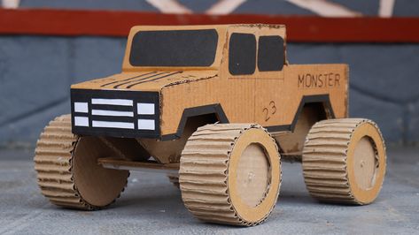 remote controlled monster truck with cardboard Cardboard Truck, Cardboard Tutorial, Rc Monster Truck, Rc Truck, Rc Trucks, Diy Cardboard, Dc Motor, Gear Shift, Monster Truck