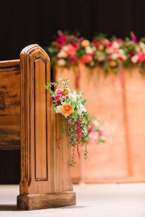 Our Oak Church Pews dressed in bright florals simply stun as guest seating for this Altria Theater wedding ceremony in RVA!  Image by David Abel. Florals by The Proper Petal. Planning by Blush Events. Aisle Floral Decor, Church Ceremony Decorations, Church Wedding Flowers Altar, Church Pew Flowers, Summer Church Wedding, Church Pew Wedding, Church Pew Decorations, Ceremony Decorations Church, Wedding Pew Decorations